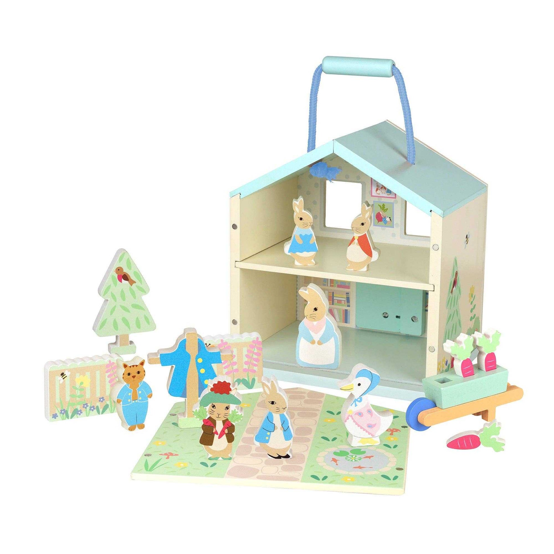 Orange Tree Toys Wooden Peter Rabbit™ Character Play Set with house, figures, and garden accessories for imaginative play. FSC certified and plastic-free.