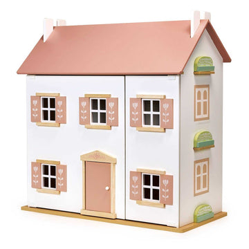 Mentari Clover Dolls House: Wooden Dolls House 2 Storey Playhouse with pink roof, floral window shutters, and opening front door. Ideal for ages 3+.