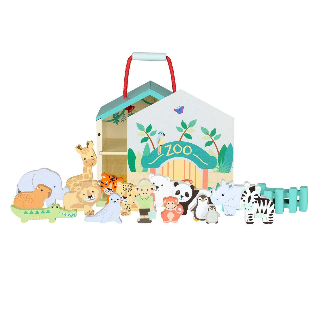 Wooden Zoo Animal Toy Play Set - 22 pieces with animal figures, zookeeper, fences, and zoo house, ideal for imaginative play for kids age 3+.