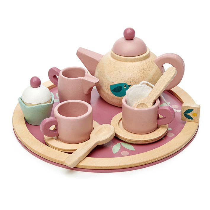 Birdie Tea Tray Set - Wooden Role Play Toy displayed on a wooden tray, including a teapot, cups, saucers, and accessories in soft pink and natural wood tones.