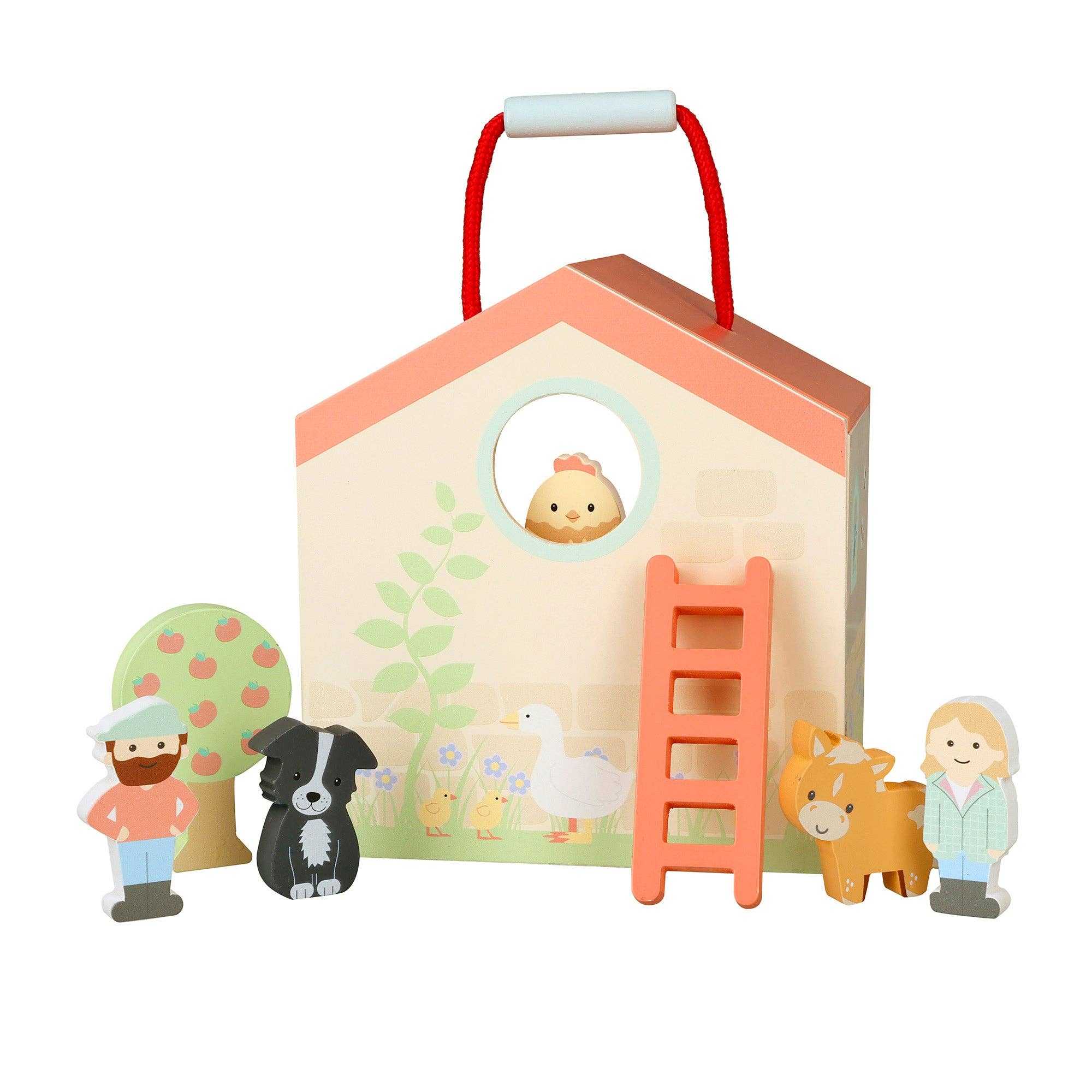 Wooden Farmyard Animals Toy Play Set characters including farmer, wife, dog, pig, and barn with ladder for creative farm-themed storytelling.