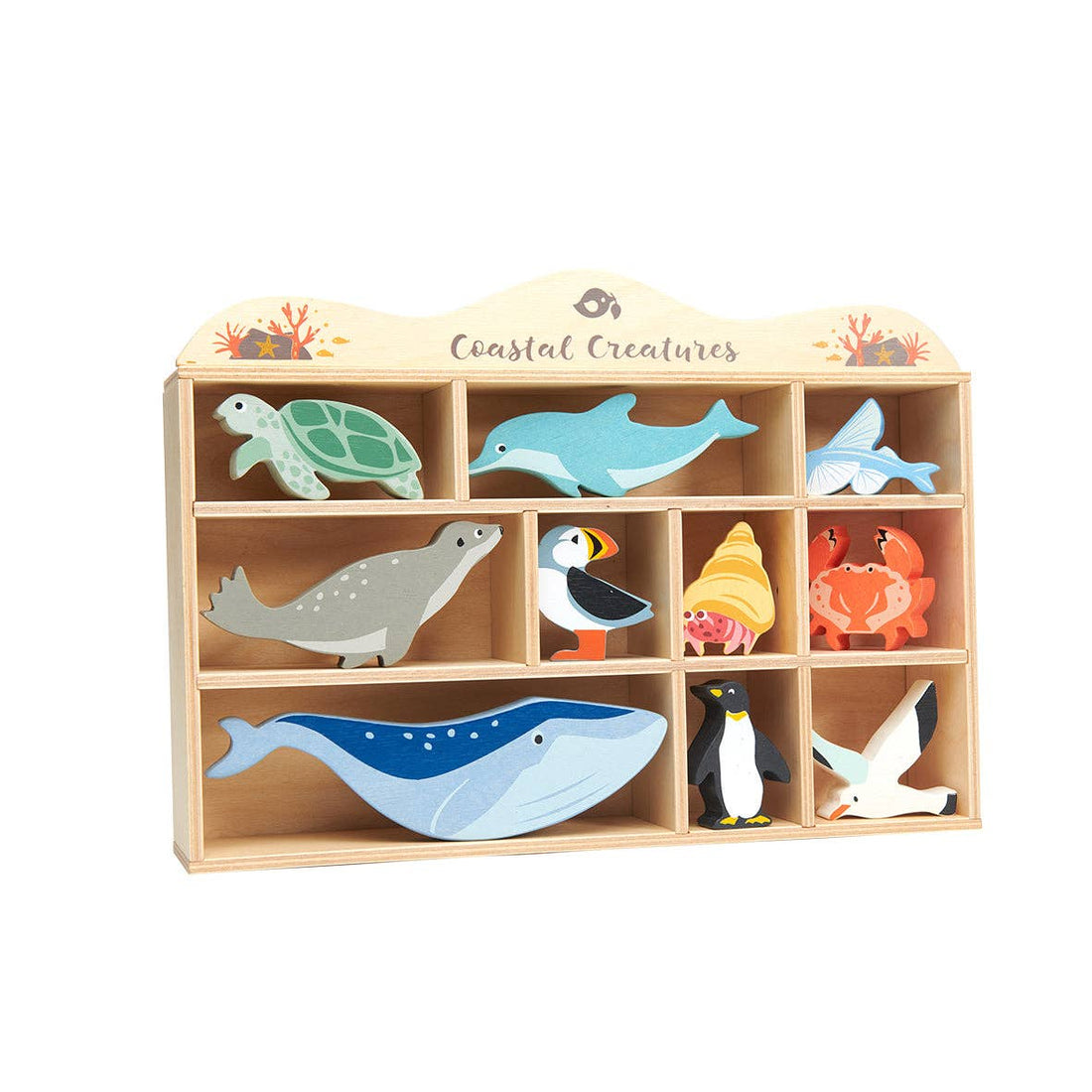 Wooden Sea & Costal Animals and Shelf Set - 10 Sea Creatures - Imagination Wooden Toys