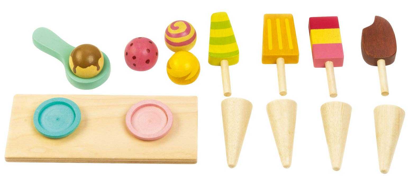 Close-up of wooden ice cream accessories from the Mini Ice Cream Cart Wooden Role Play Toy, including cones, scoops, and popsicles.