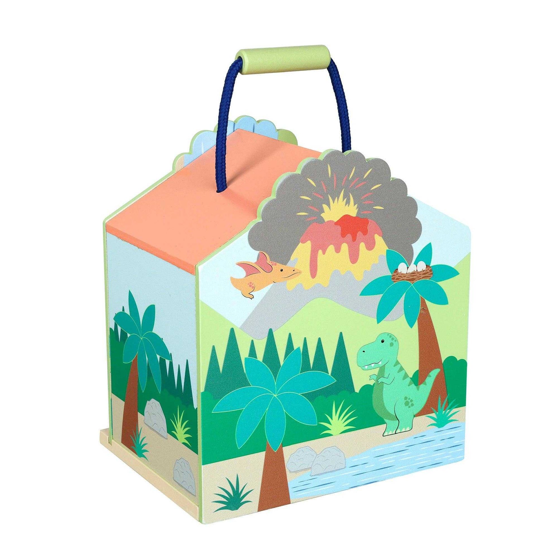 Back view of the Wooden Dinosaur Toy Play Set carry case by Orange Tree Toys, decorated with volcano, trees, and dinosaurs.