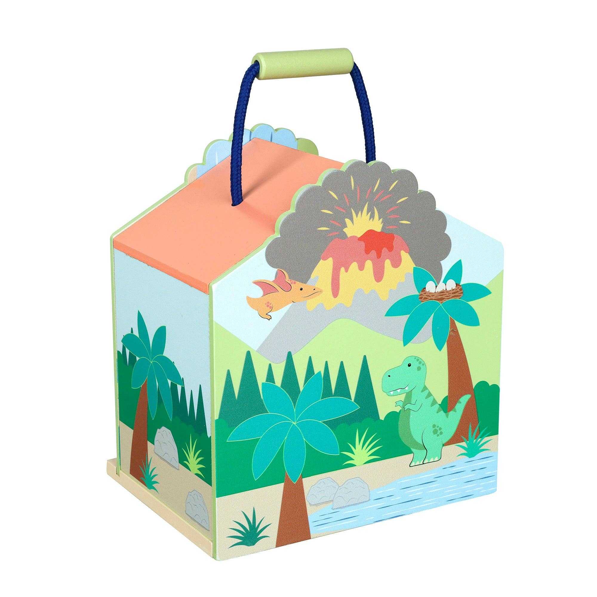 Back view of the Wooden Dinosaur Toy Play Set carry case by Orange Tree Toys, decorated with volcano, trees, and dinosaurs.