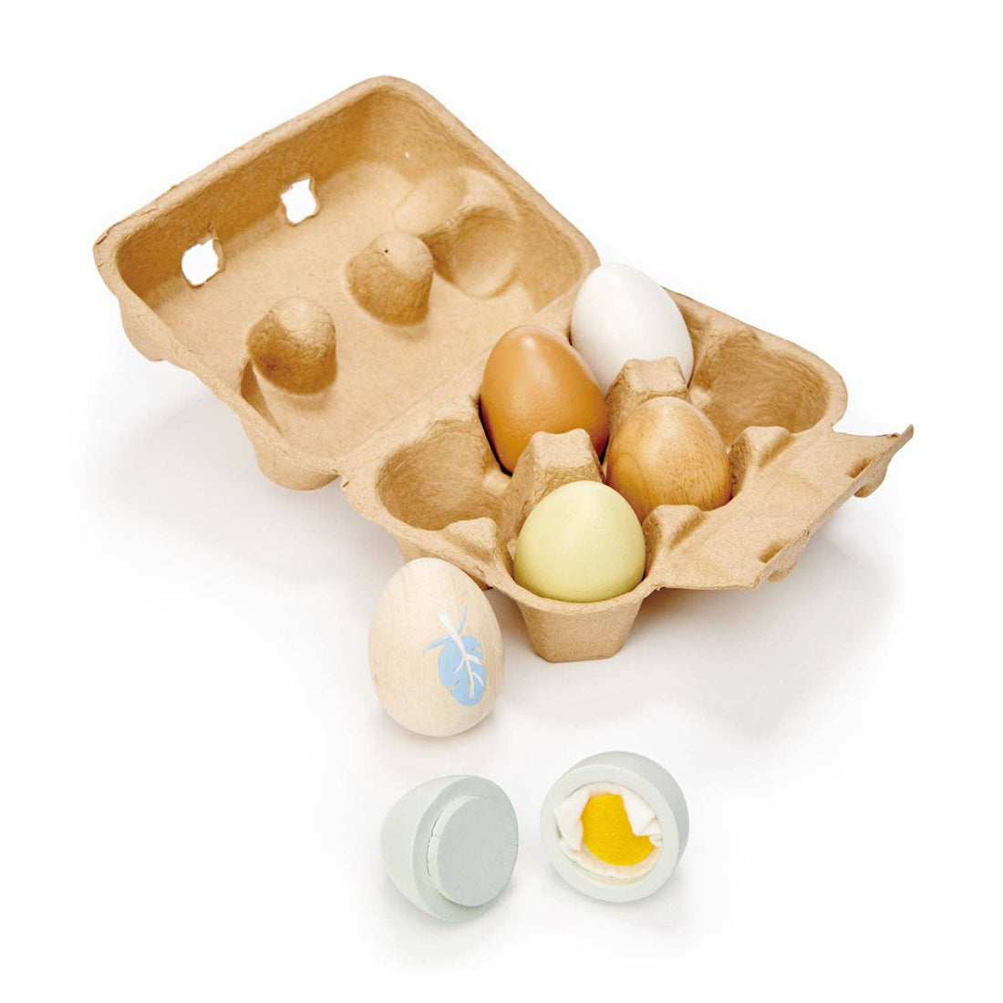 Wooden Eggs Toy Food set with six realistic wooden eggs in a cardboard carton, ideal for kitchen role play for kids aged 3 and up.