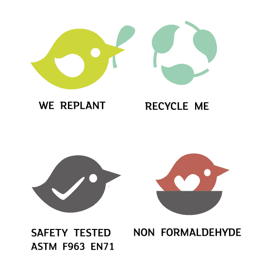 Eco-friendly and safety icons for Mini Ice Cream Cart Wooden Role Play Toy, highlighting replanting, recycling, and non-formaldehyde materials.