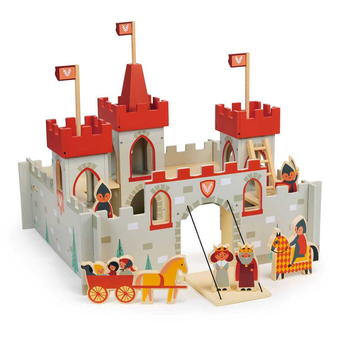 Mentari Wooden King's Castle Toy Play Set featuring a medieval-style grey and red castle with knights, king, queen, horse, and carriage. Ideal for imaginative play for kids aged 3+.