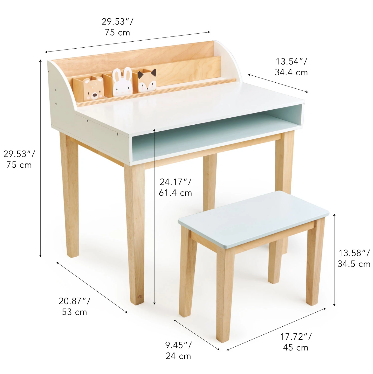Dimensions of the Childs Wooden Drawing Desk and Stool set shown in inches and centimeters, highlighting its compact and child-friendly design.