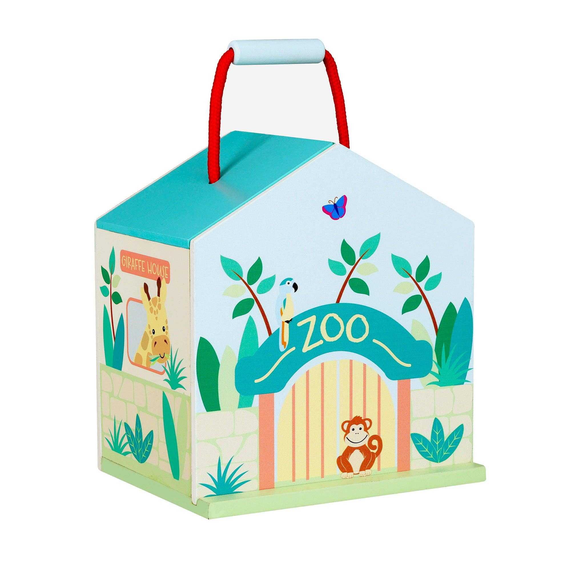 Portable zoo-themed wooden toy house with handle, part of the 22-piece Wooden Zoo Animal Toy Play Set for children age 3 and up.