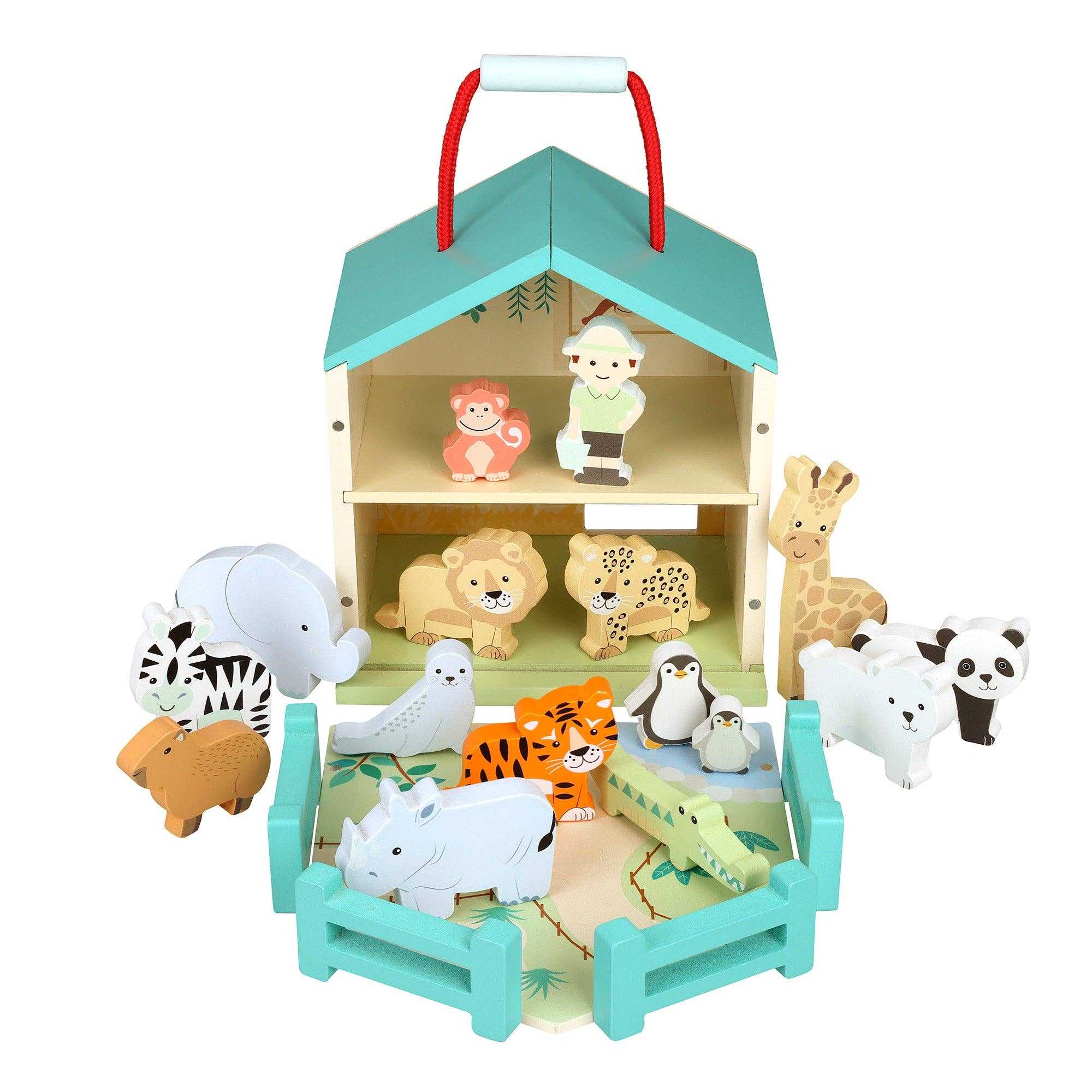 Wooden Zoo Animal Toy Play Set includes 22 pieces with animals, zookeeper, fences, and play mat inside a foldable zoo house for toddlers age 3+.