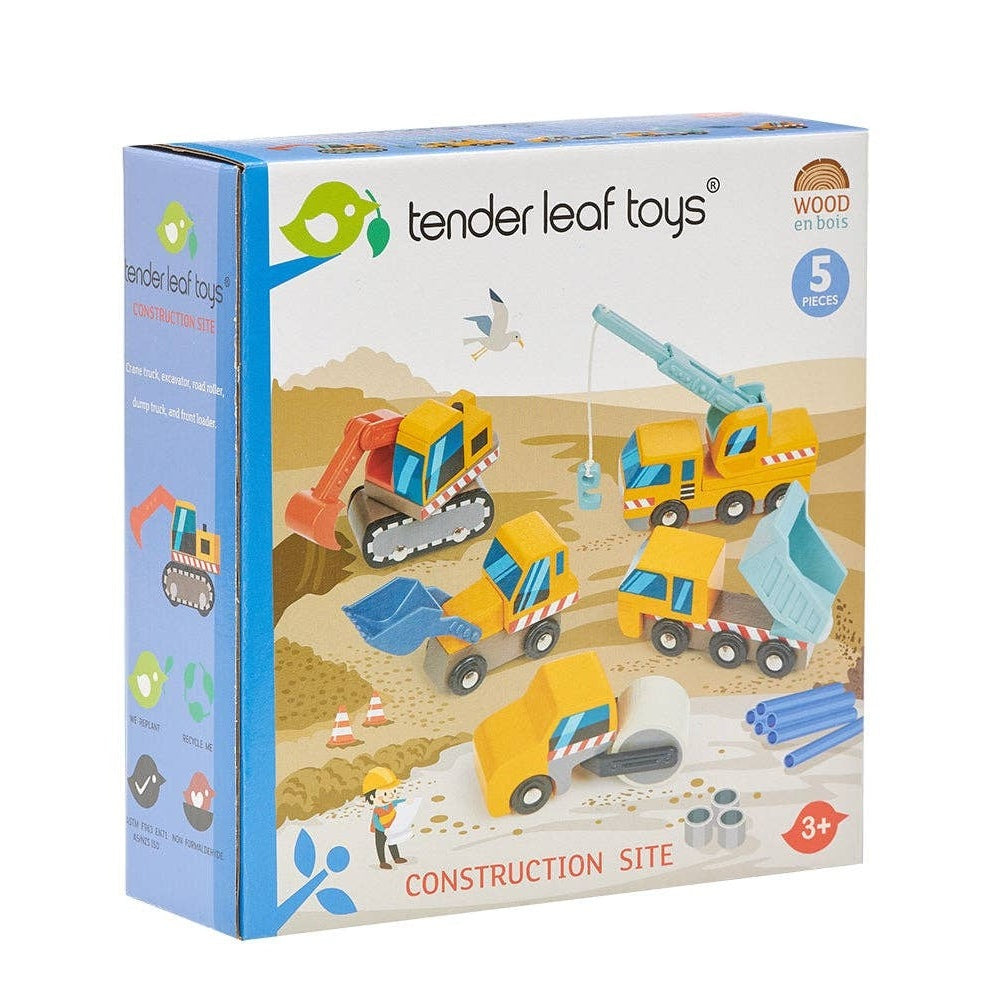 Building Site Wooden Play Vehicles Set - Digger, Crane, Dump Truck - Imagination Wooden Toys