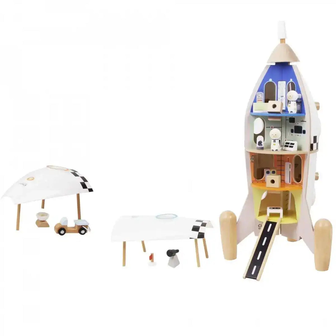 Classic World Wooden Rocket Ship - spaceship toy with checkered design and astronaut figure, ideal for imaginative play for kids aged 3+.