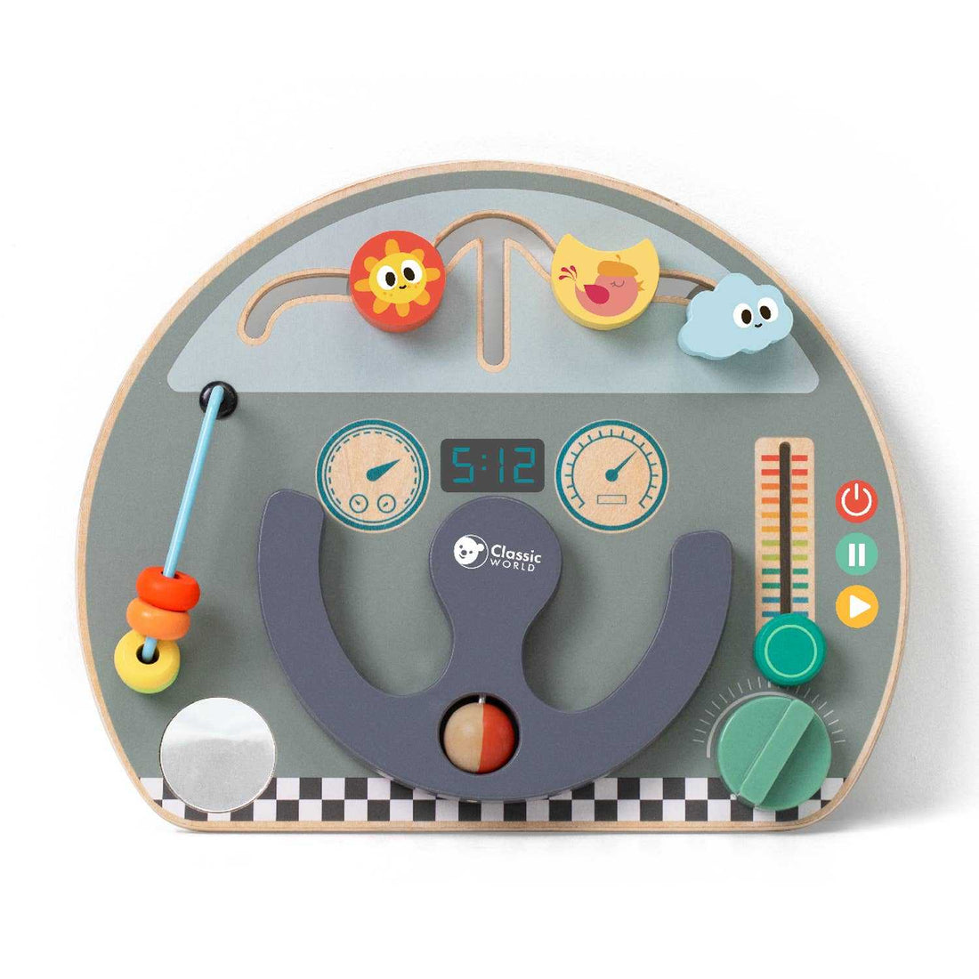 Wooden Travel Activity Busy Board - Car Dashboard Toy with interactive steering wheel, beads, and sliders for toddlers aged 12 months and up.