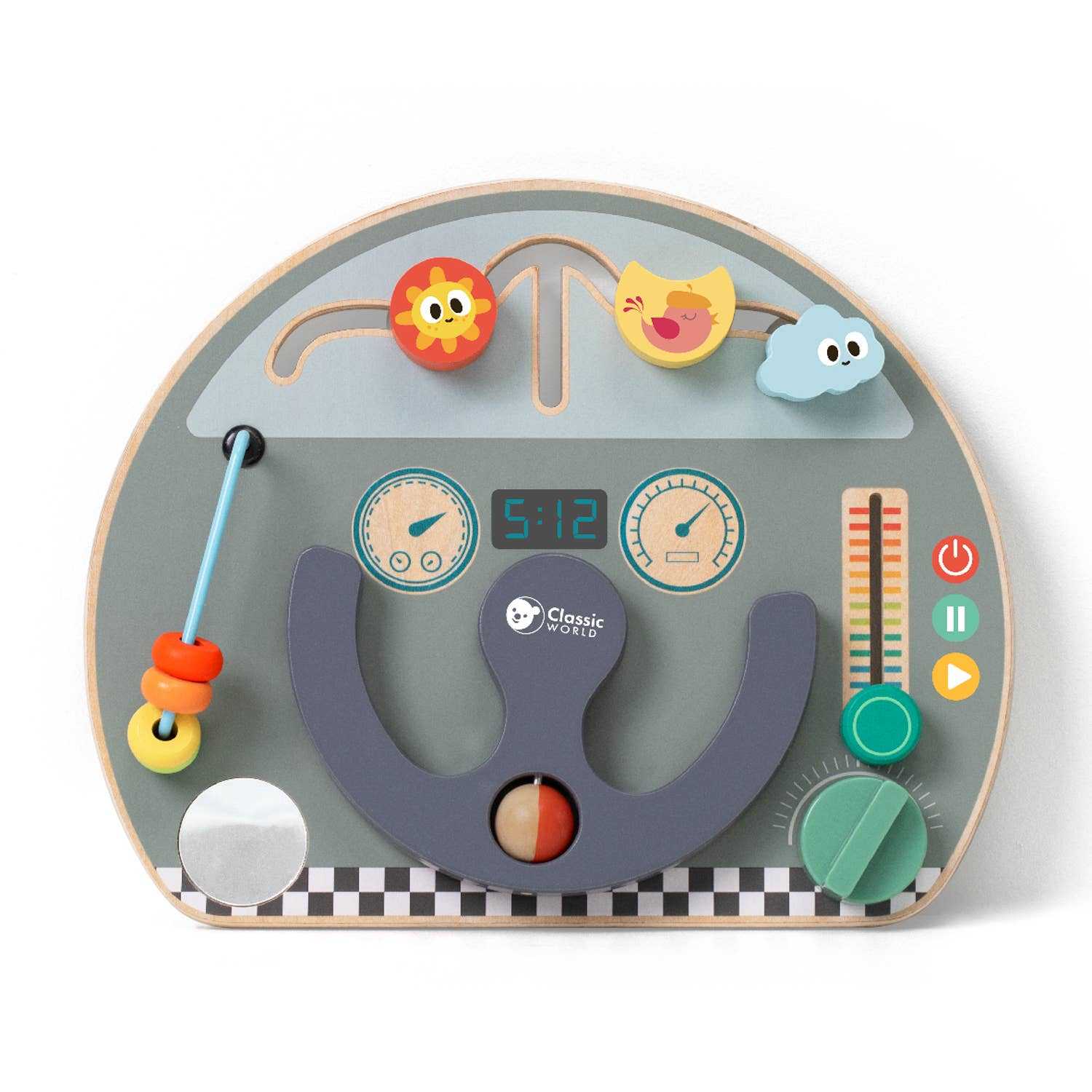 Wooden Travel Activity Busy Board - Car Dashboard Toy with interactive steering wheel, beads, and sliders for toddlers aged 12 months and up.