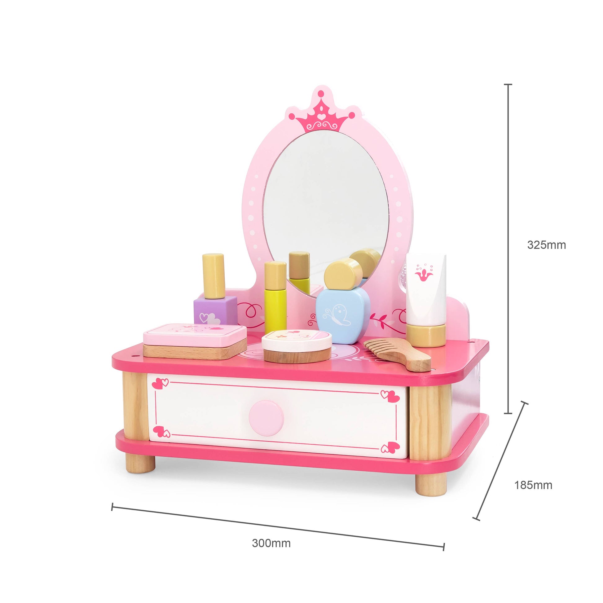 Wooden toy makeup set with dimensions labeled: 300mm width, 185mm depth, and 325mm height. A perfect role-play vanity for kids aged 3+.