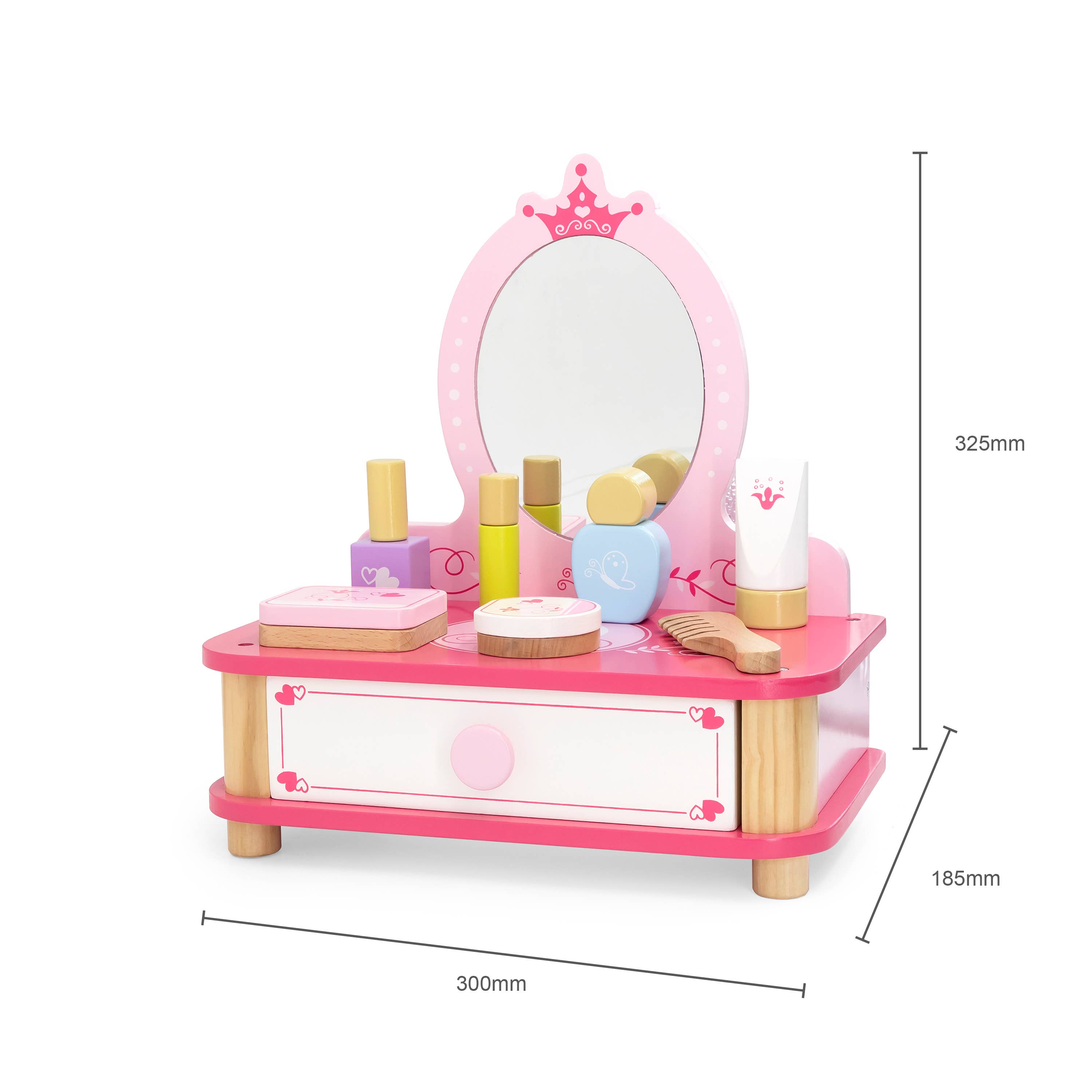 Wooden toy makeup set with dimensions labeled: 300mm width, 185mm depth, and 325mm height. A perfect role-play vanity for kids aged 3+.