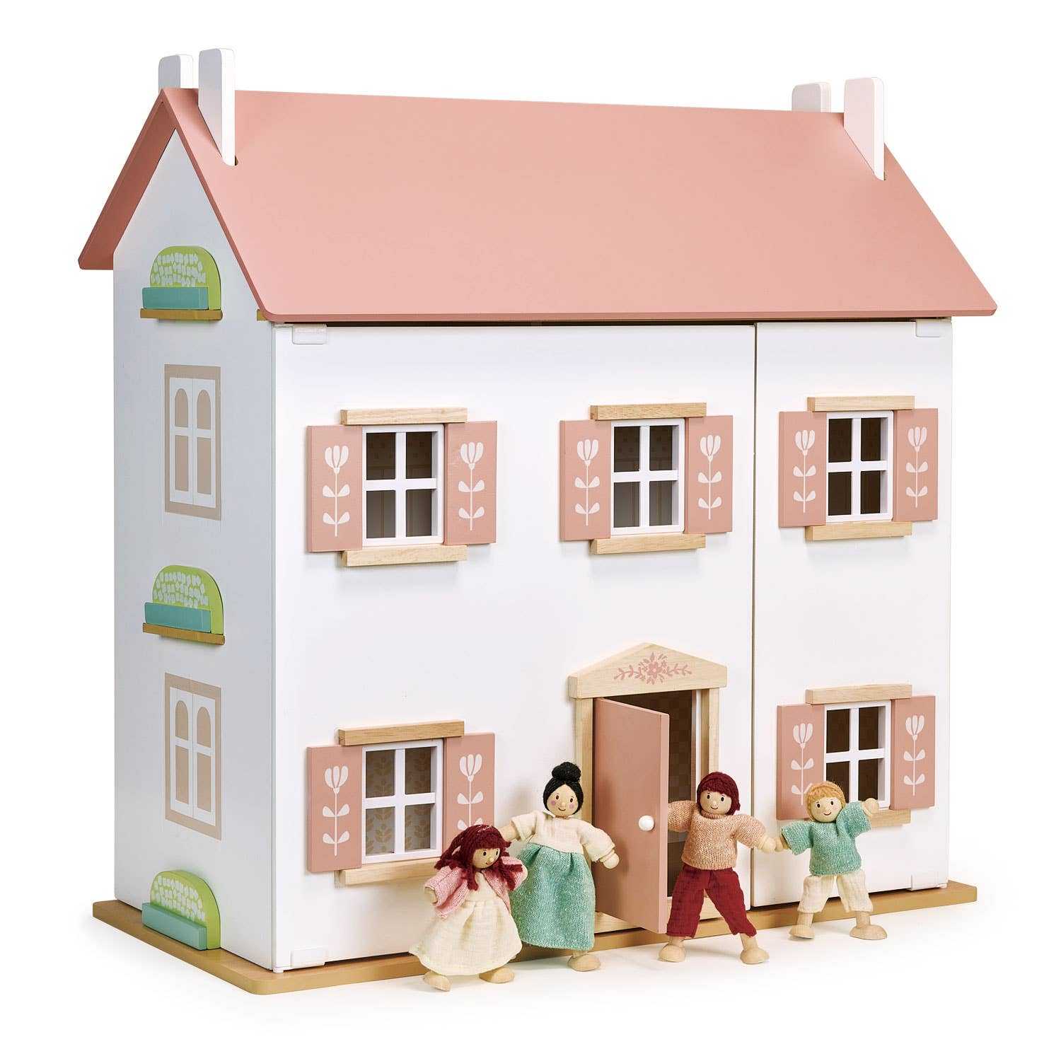 Mentari Clover Dolls House: Wooden Dolls House 2 Storey Playhouse with pink roof, floral window shutters.