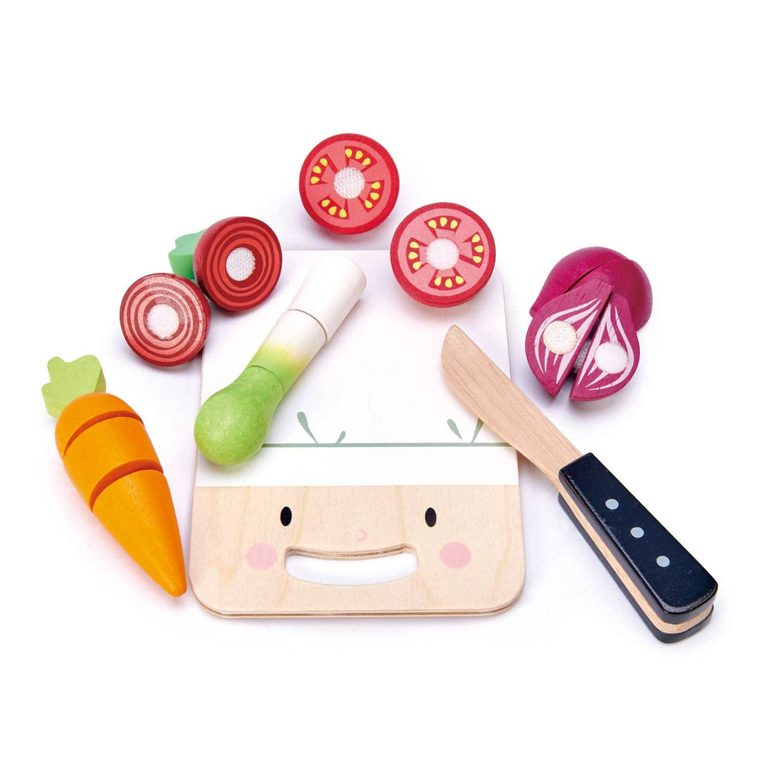 Mini Chef Vegetable Chopping Board - Wooden Toy set featuring a smiling wooden board, toy knife, and colorful wooden vegetables for pretend play.