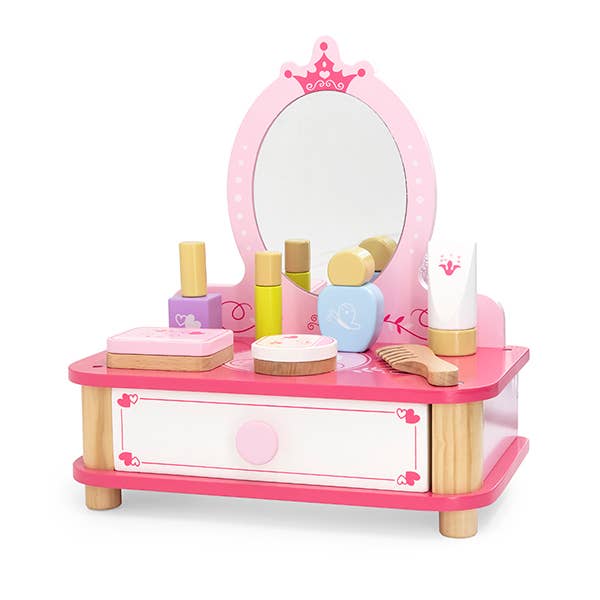 Wooden toy makeup set with a vanity table, mirror, and pretend beauty accessories. Perfect for imaginative role play and safe for kids aged 3+.