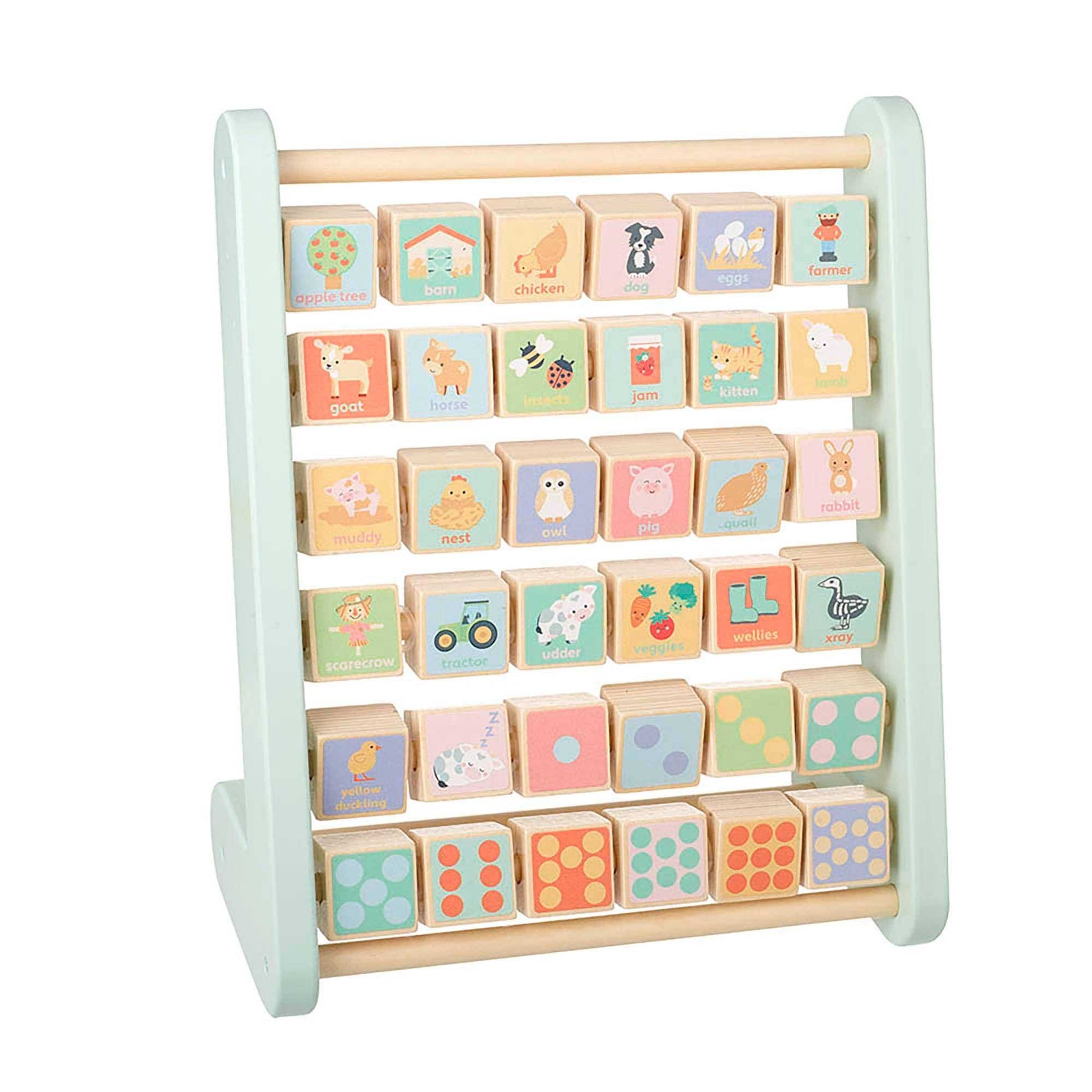 Wooden Alphabet Abacus featuring farm animal illustrations and vocabulary to boost early learning and language skills.