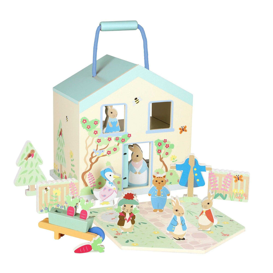 Orange Tree Toys Wooden Peter Rabbit™ Character Play Set with house, figures, and garden accessories for imaginative play. FSC certified and plastic-free.