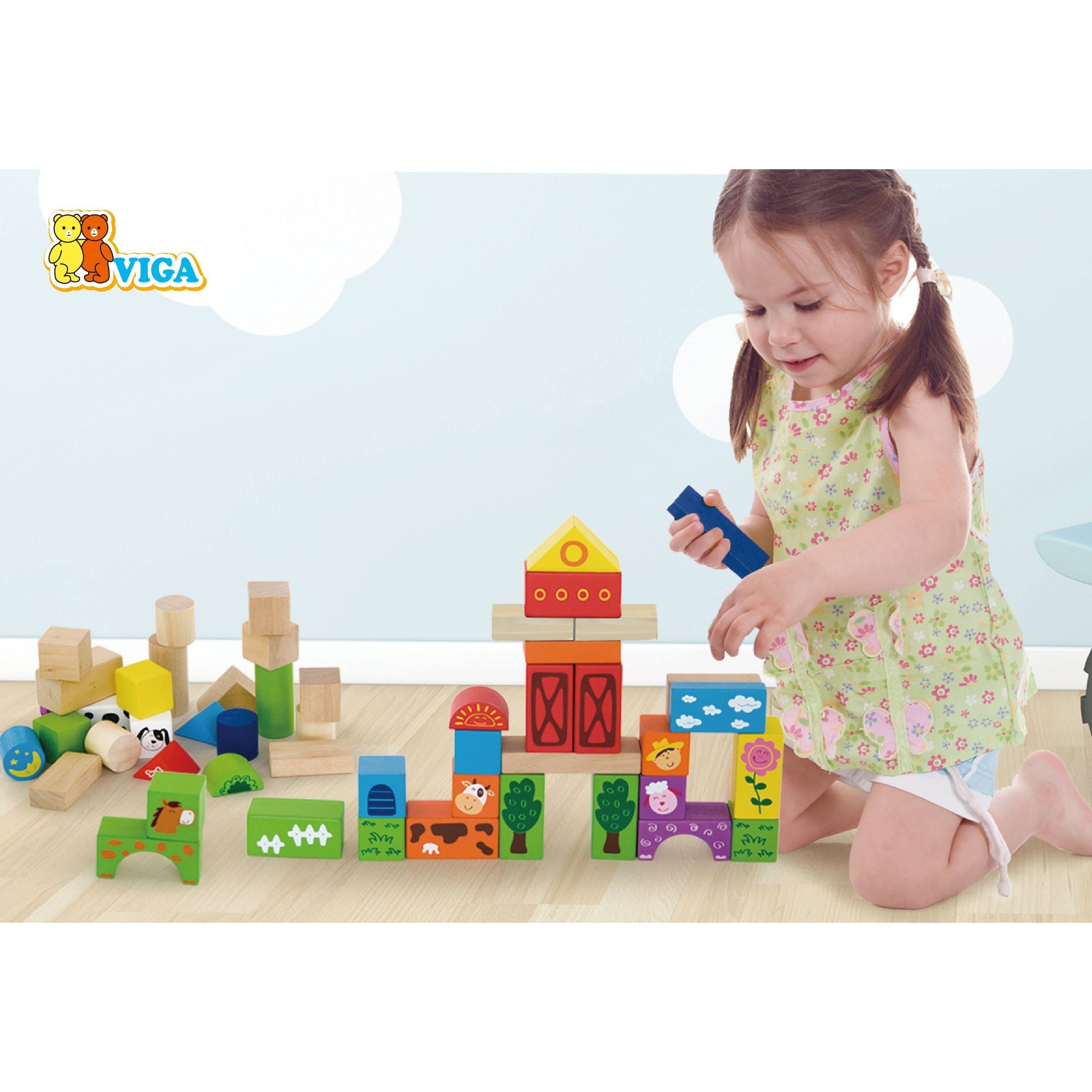 Farm Yard Wooden Building Stacking Blocks - 50 Piece Tub Set - Imagination Wooden Toys
