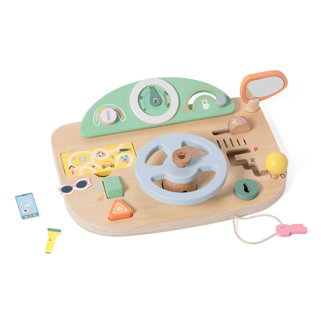 Multi-function wooden car dashboard toy with steering wheel, gear shift, and interactive buttons for imaginative vehicle role play. Ideal for ages 2+.