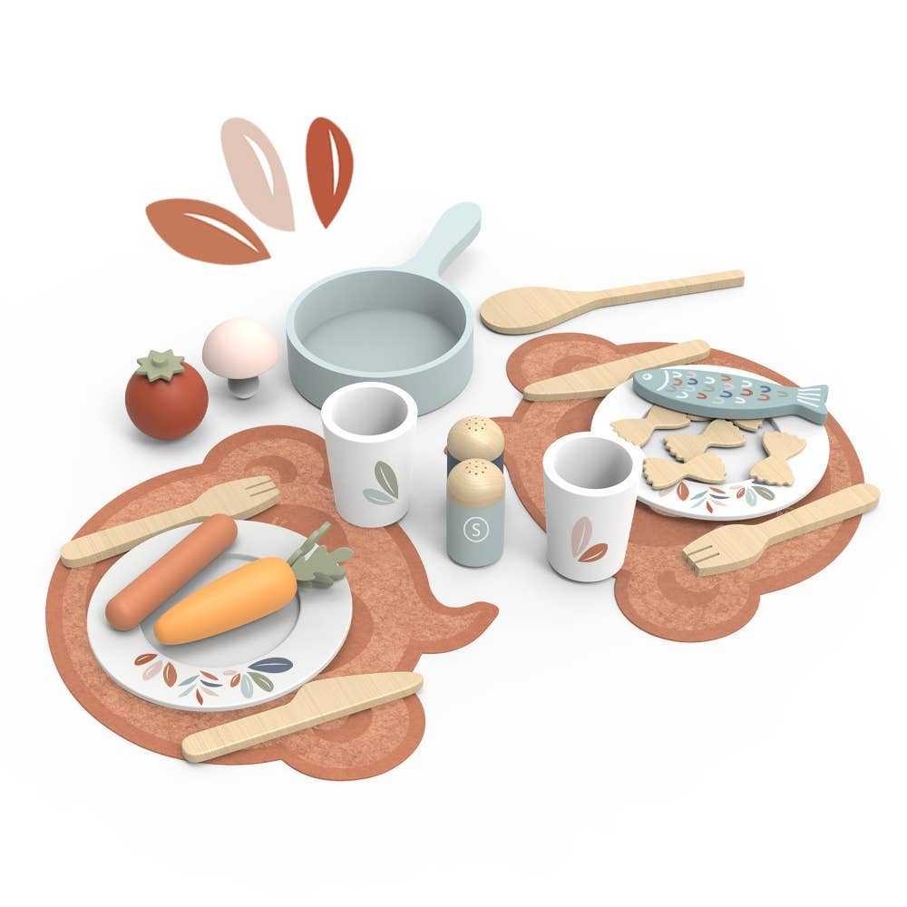 Complete Wooden Play Toy Kitchen Dining Set Plates and Cups - 19 Pieces with toy vegetables, fish, cups, and utensils for pretend dining fun.