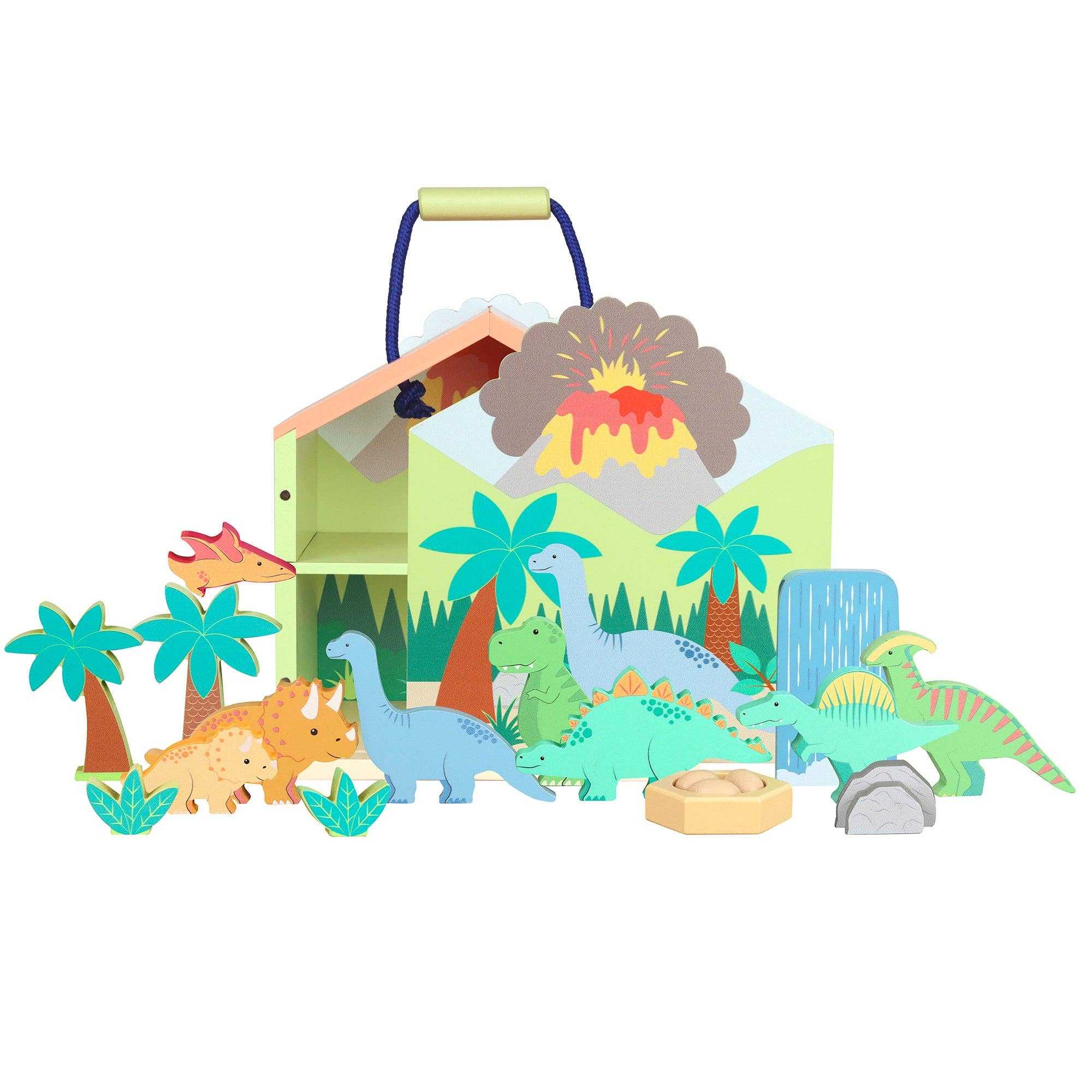 Orange Tree Toys Wooden Dinosaur Play Set with 21 pieces including T-Rex, Triceratops, and playhouse backdrop for imaginative storytelling.