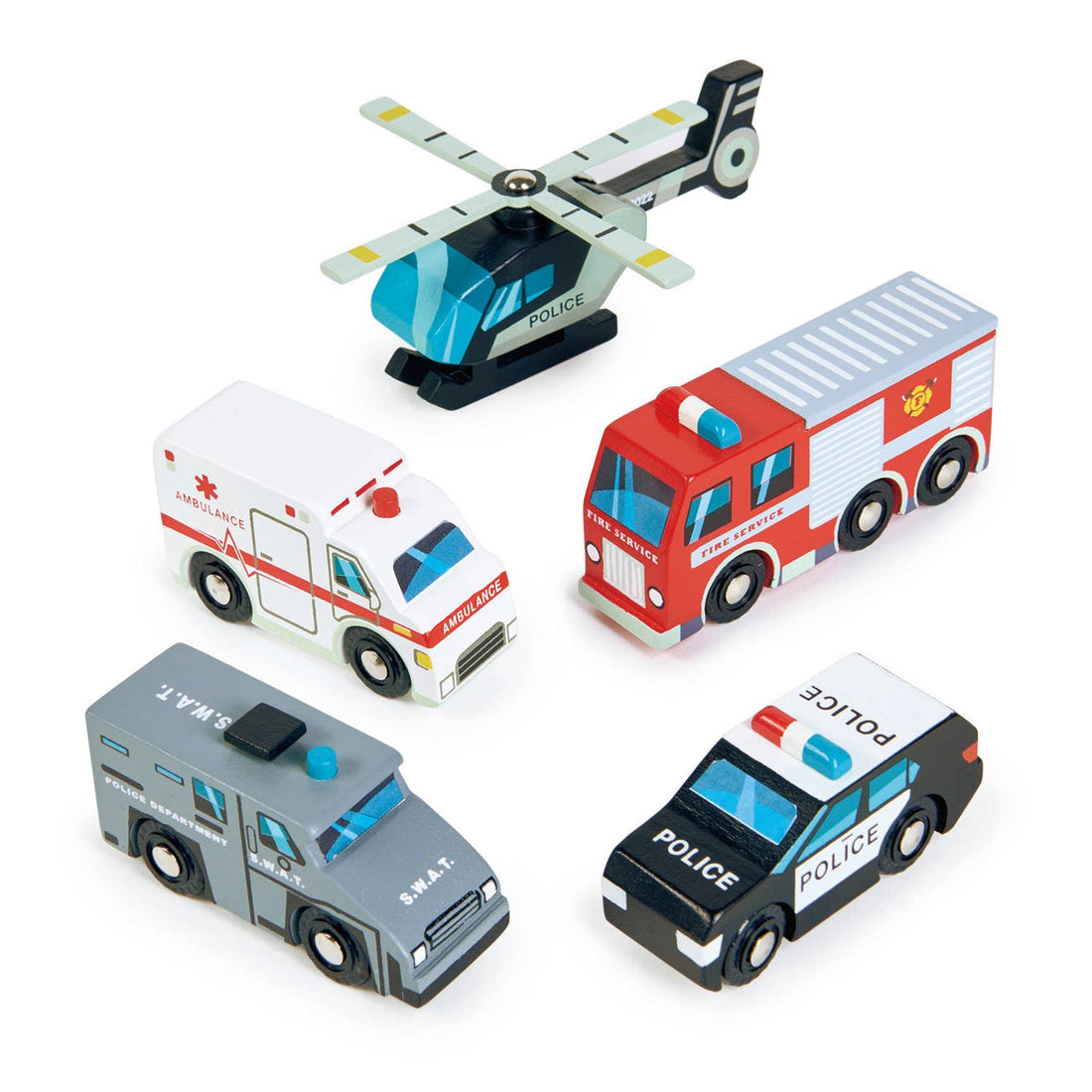 Wooden Toy Emergency Vehicles Play Set featuring a police helicopter, ambulance, fire truck, SWAT van, and police car. Ideal for kids aged 3+.