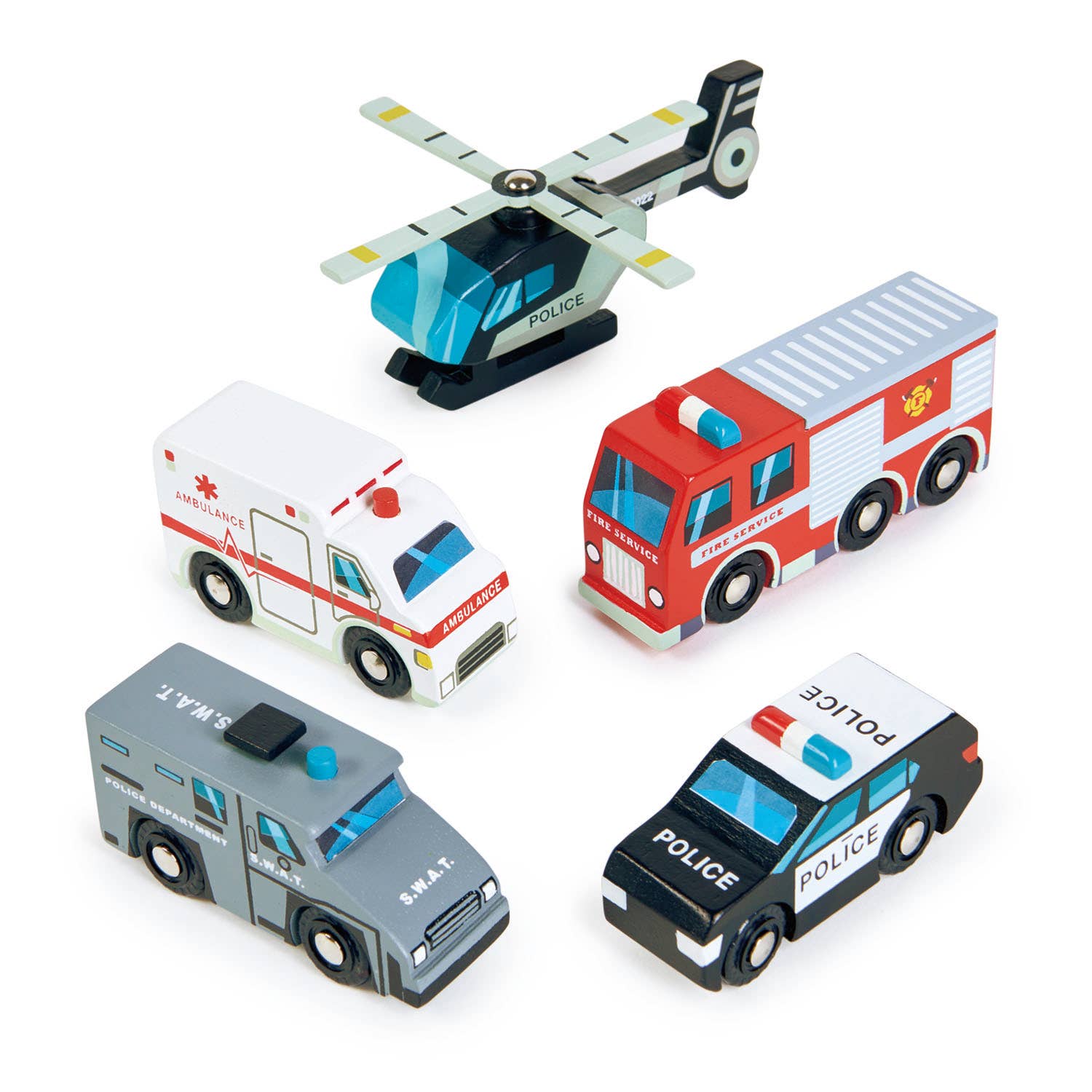 Wooden Toy Emergency Vehicles Play Set featuring a police helicopter, ambulance, fire truck, SWAT van, and police car. Ideal for kids aged 3+.