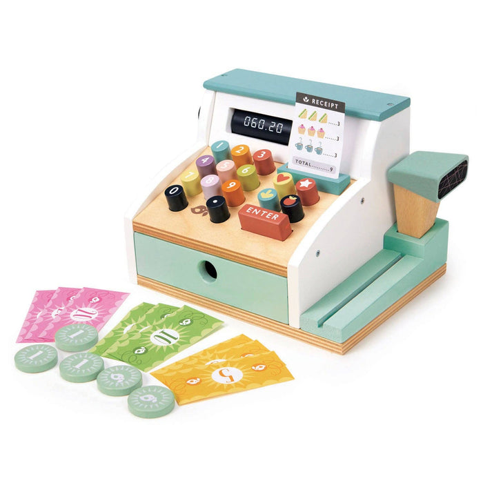 Wooden Role Play Shop Till & Scanner - General Stores Till with colorful buttons, play money, and a receipt for pretend shopping fun.