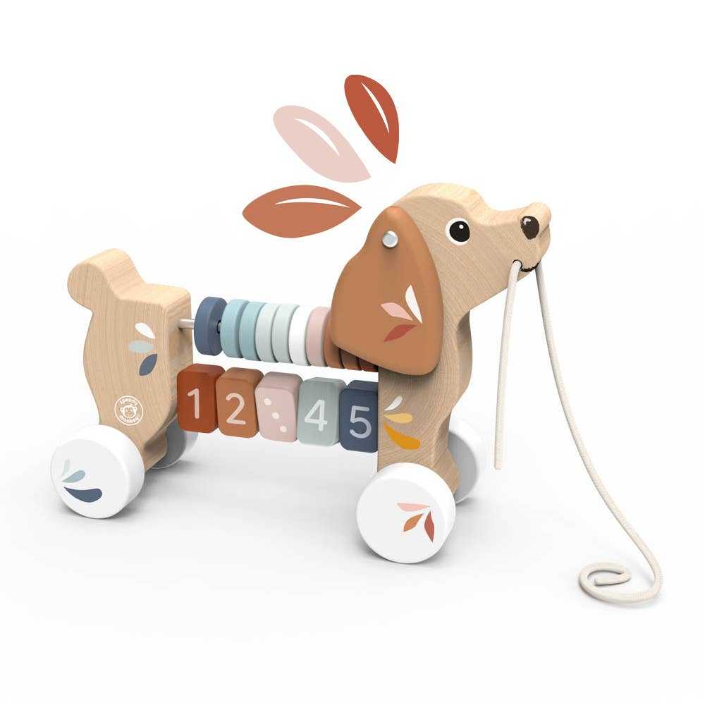 Speedy Monkey Speedy Puppy Pull Along Toy made of eco-friendly wood with colorful counting beads, ideal for toddlers aged 12+ months.