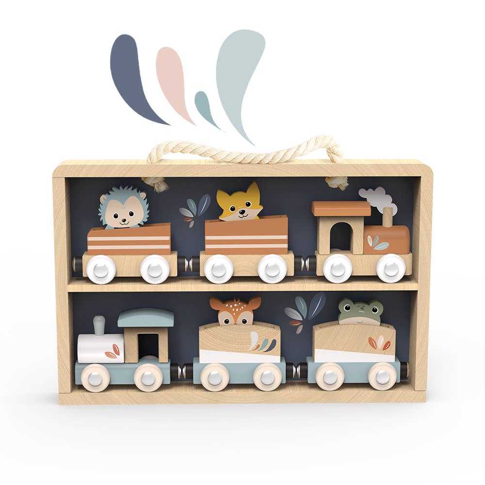 Wooden toy train set by Speedy Monkey with six animal-themed cars in a compact display case, designed for toddlers and early creative play.
