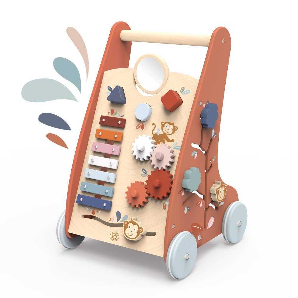Speedy Monkey Wooden Multi Activity Centre baby walker with xylophone, gears, and shape sorters for toddlers aged 1-3. Ideal for motor skill development.