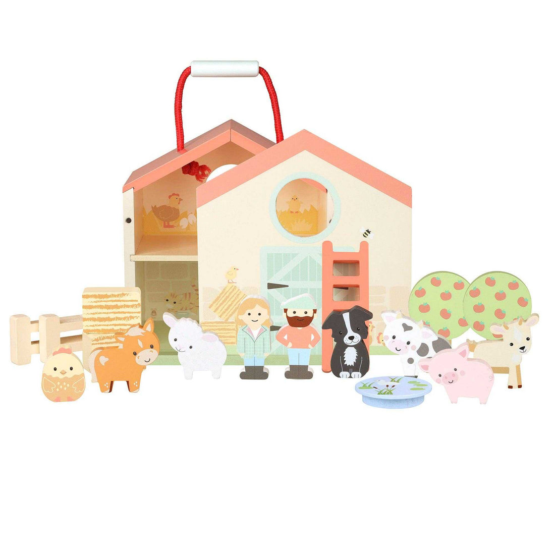 Wooden Farmyard Animals Toy Play Set - 19 pieces inc farmer & wife, featuring barn, animals, trees, and accessories for imaginative farm play.