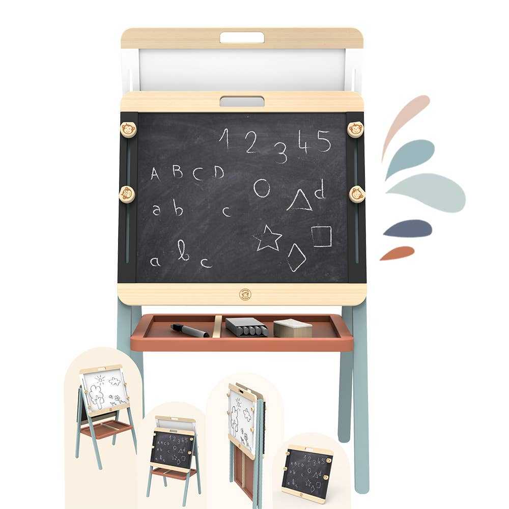 Speedy Monkey Childs Wooden Adjustable Easel & Chalk Board with chalkboard side in use. Includes accessories and shows multiple usage modes in insets.