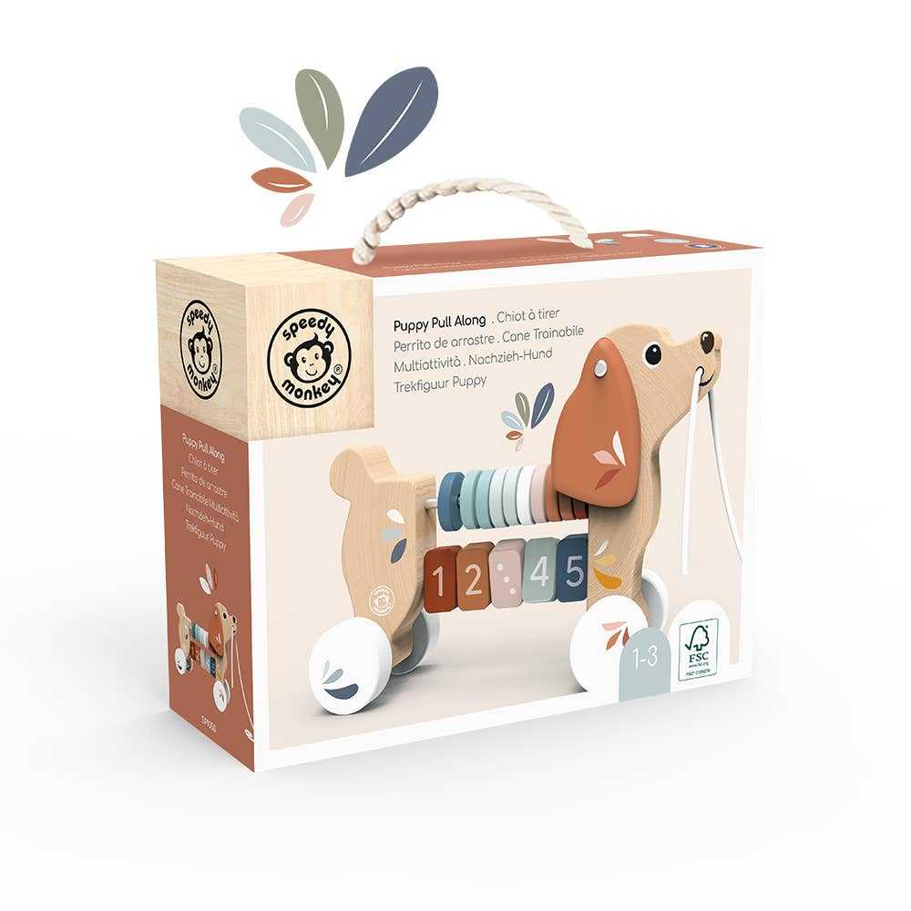 Speedy Monkey Speedy Puppy Pull Along Toy made of eco-friendly wood with colorful counting beads, ideal for toddlers aged 12+ months.
