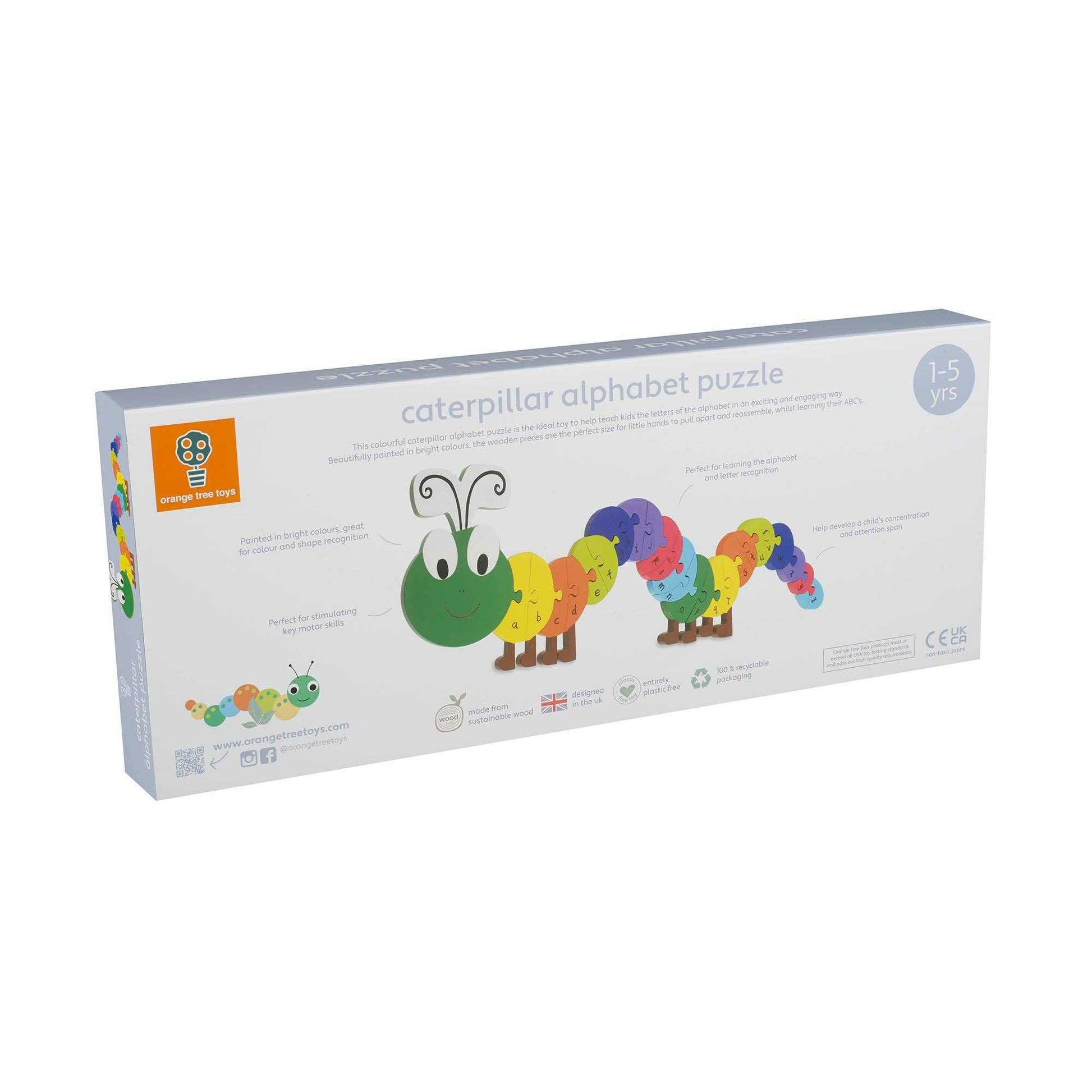 ABC Puzzle - Vibrant Wooden Caterpillar Alphabet Toy for toddlers aged 1-5. Features colorful lettered segments for fun, educational play.