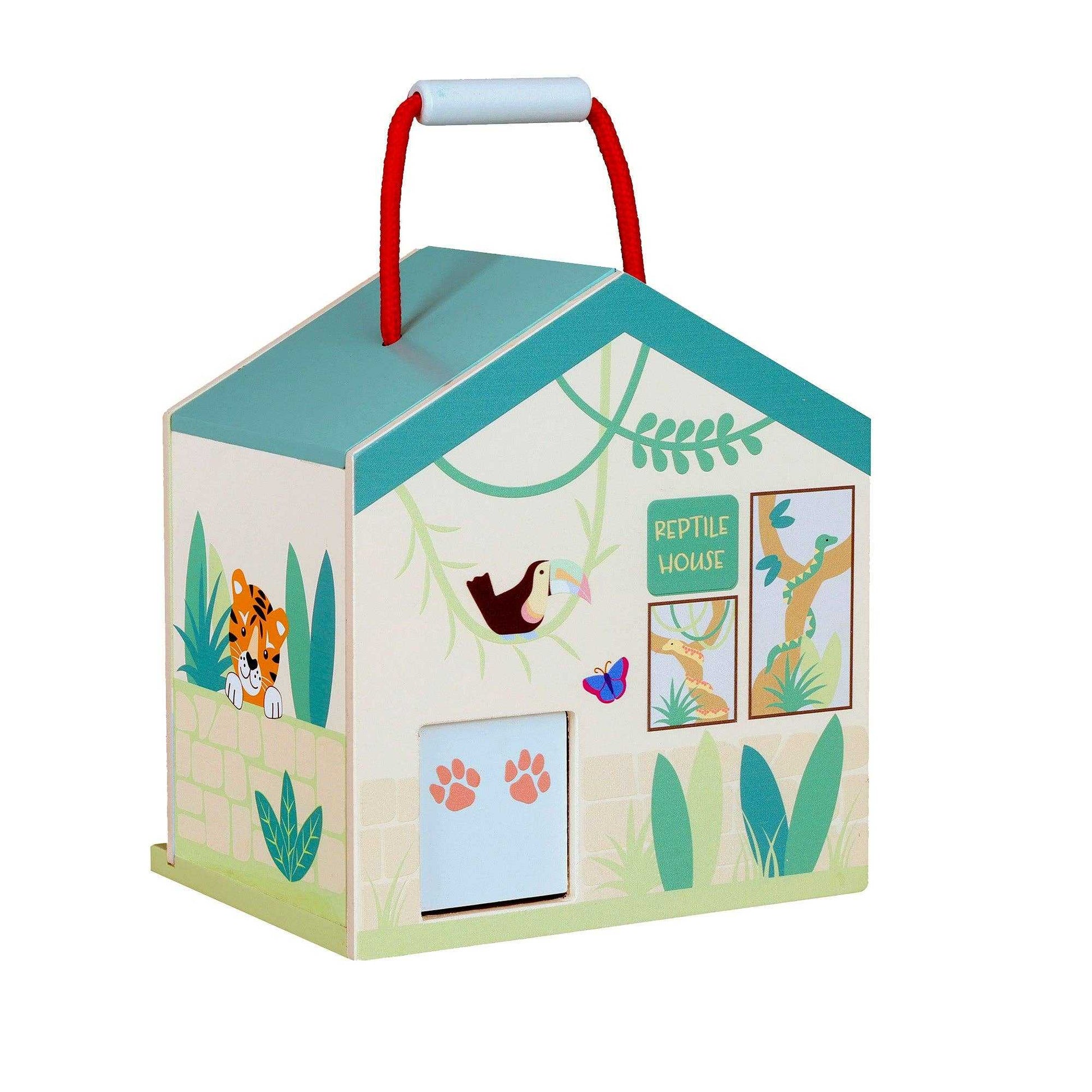 Back view of the Wooden Zoo Animal Toy Play Set house showing reptile house and tiger illustration, part of 22-piece animal play set for kids.