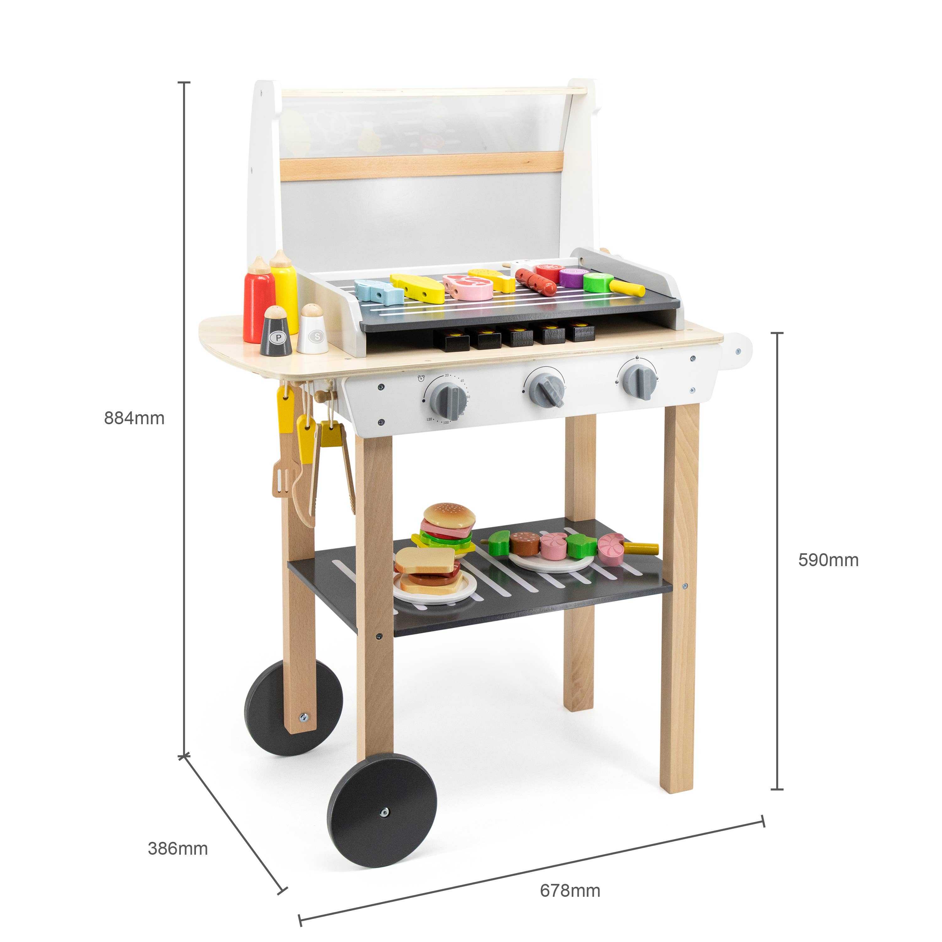 Wooden BBQ play set with dimensions labeled, showing height, width, and depth. A great addition to any play kitchen setup.