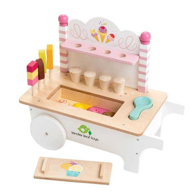 Mini Ice Cream Cart Wooden Role Play Toy with pastel colors, cones, scoops, and popsicles, ideal for pretend play in toy kitchens.
