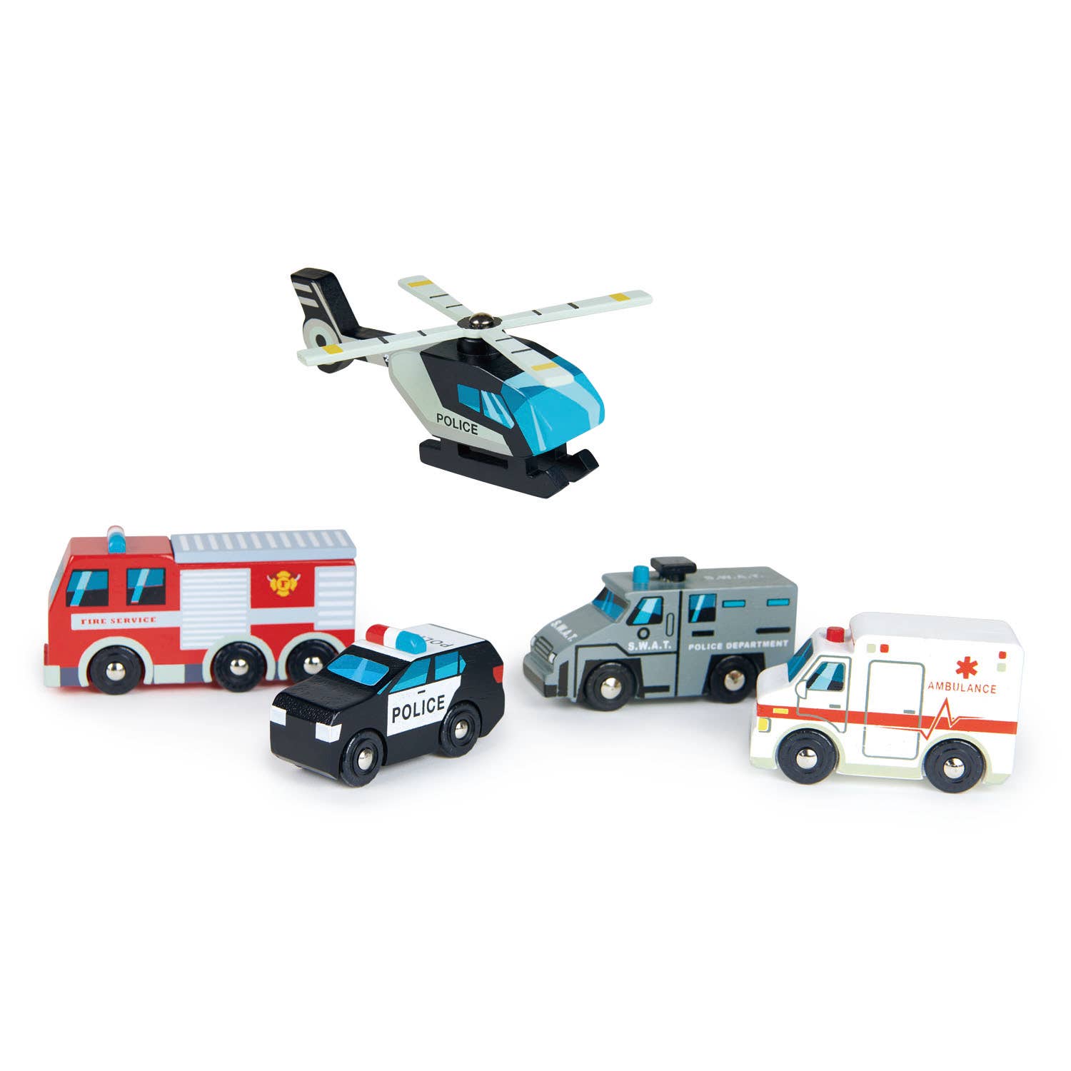 Five-piece Wooden Toy Emergency Vehicles Play Set with detailed police, fire, and ambulance vehicles arranged for imaginative rescue play.