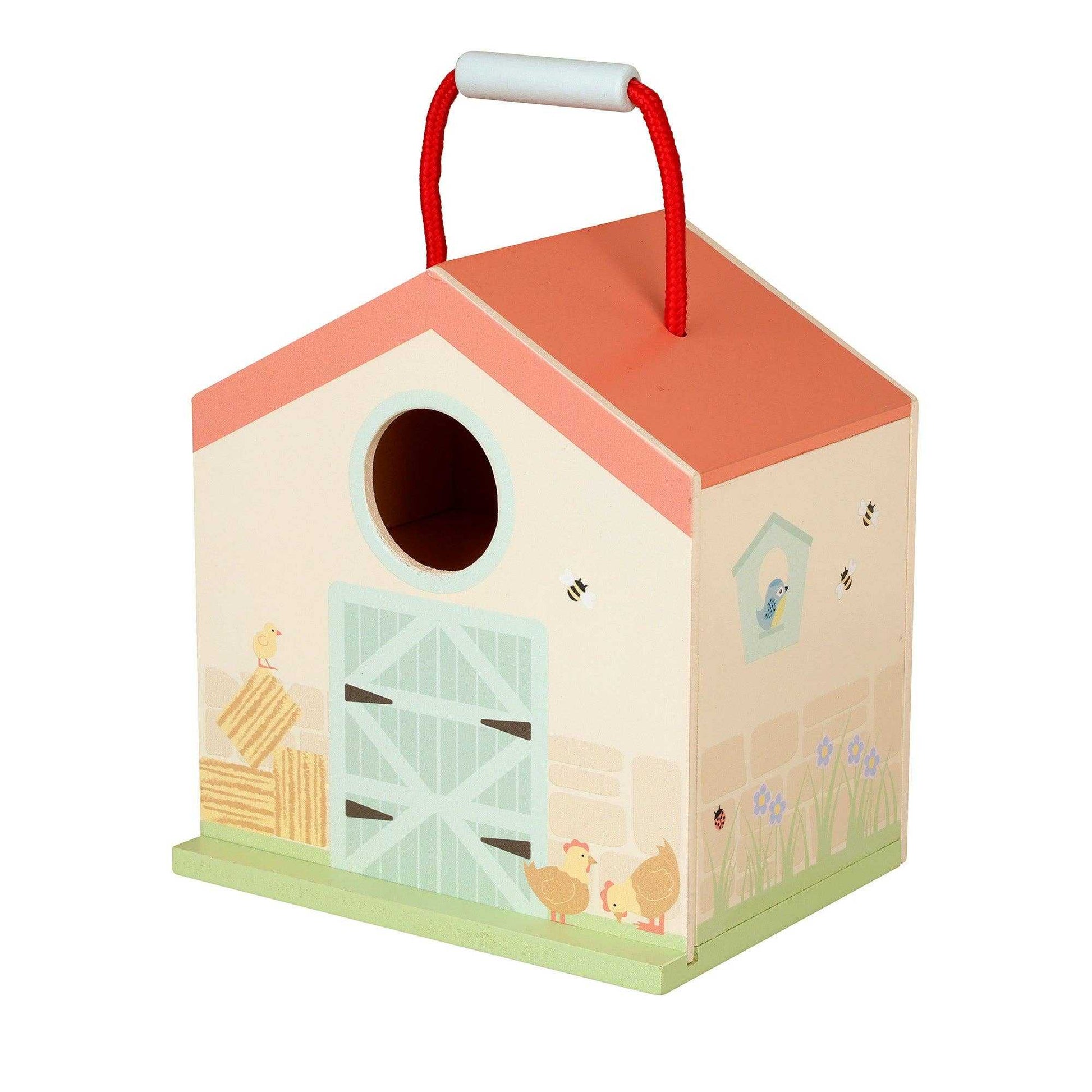 Closed wooden barn from the Wooden Farmyard Animals Toy Play Set with illustrated farm details and carry handle for easy storage and transport.