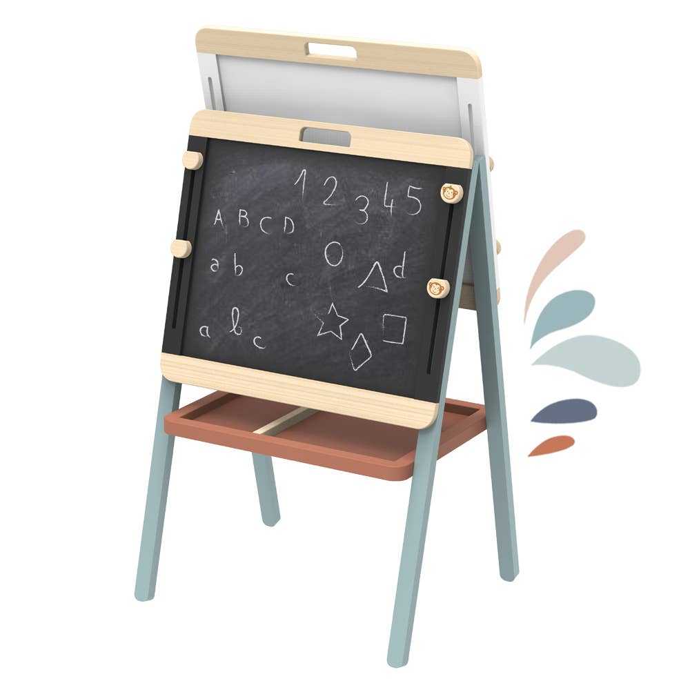 Side view of Speedy Monkey Childs Wooden Adjustable Easel & Chalk Board showing dual-sided design with chalkboard and whiteboard. Includes storage tray underneath.