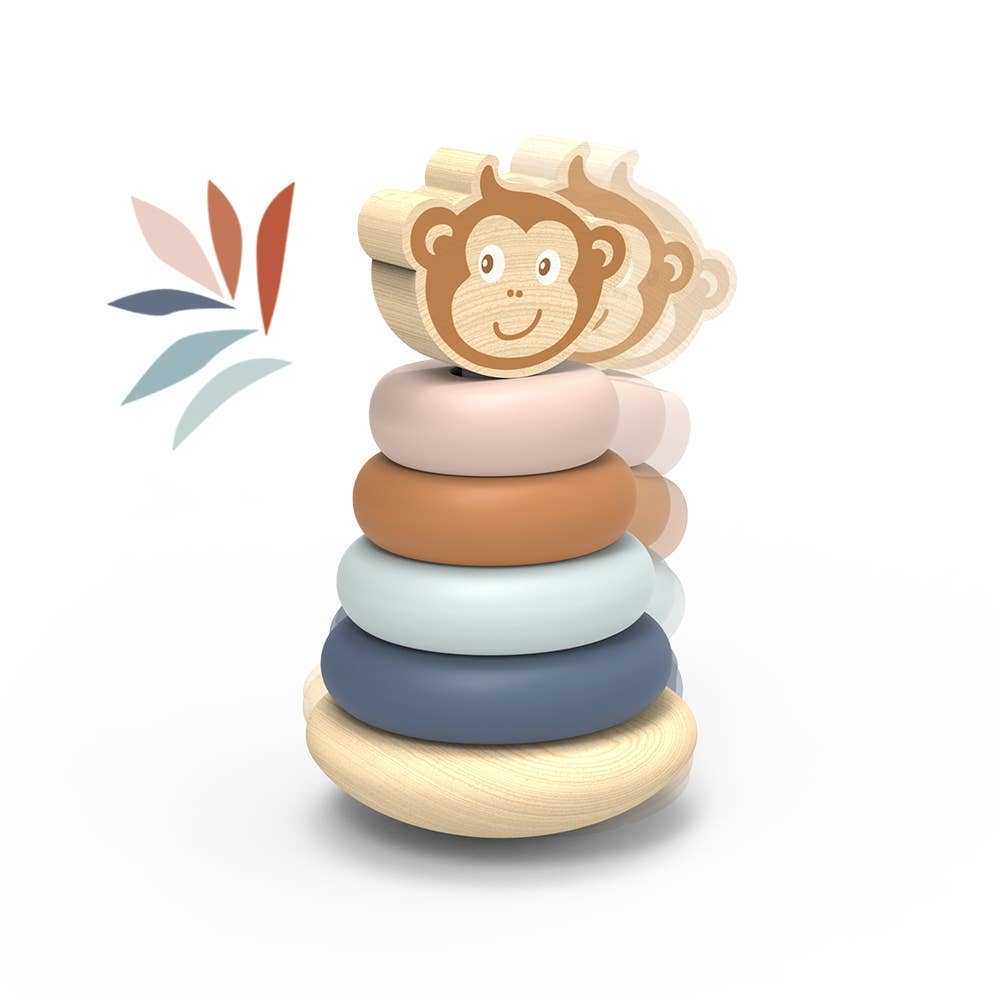 Speedy Monkey Wooden Toy ring stacker with pastel-colored rings and monkey topper, ideal for toddlers aged 12+ months to enhance motor skills.