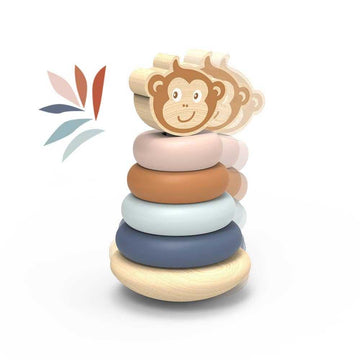 Speedy Monkey Wooden Toy ring stacker with pastel-colored rings and monkey topper, ideal for toddlers aged 12+ months to enhance motor skills.