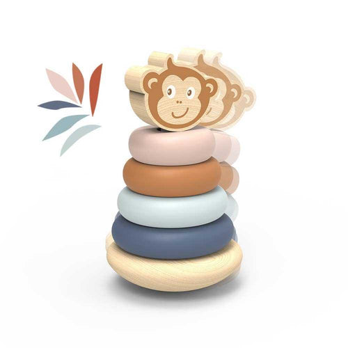 Speedy Monkey Wooden Toy ring stacker with pastel-colored rings and monkey topper, ideal for toddlers aged 12+ months to enhance motor skills.