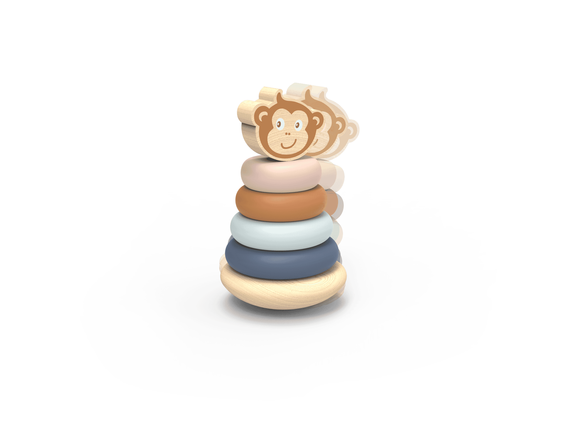 Speedy Monkey Wooden Toy ring stacker fully assembled with soft-toned rings and smiling monkey topper, perfect for baby learning play.